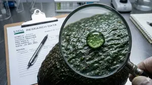 Macro view of water beading on the hydrophobic lipid cuticle of an avocado peel.