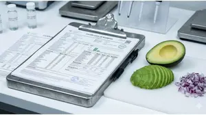 Lab clipboard with Certificate of Analysis next to avocado and onion