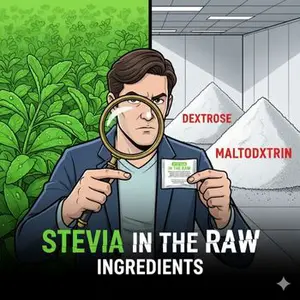 Skeptical consumer examining stevia in the raw ingredients for Dextrose and Maltodextrin fillers.