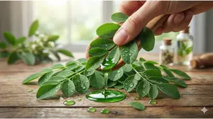 Cold-pressed moringa juice extraction process preserving leaf nutrients.
