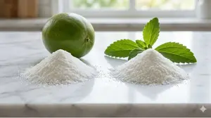 Monk fruit sweetener white powder compared to stevia white powder showing they look identical.
