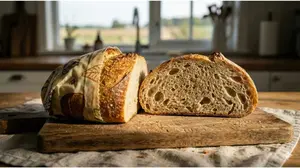 Photorealistic organic sourdough bread on a wooden board showing how to store sourdough bread using beeswax wraps.