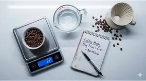 Kitchen scale weighing coffee beans for cost per cup calculation