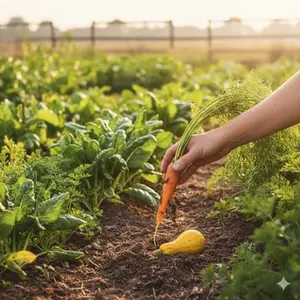 A hand holding a freshly harvested carrot from rich, dark organic soil, symbolizing the integrity of the organic farming process.
