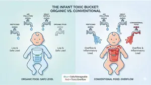 Toxic Bucket theory infographic showing how organic baby food reduces total toxic load and prevents bioaccumulation in infants.