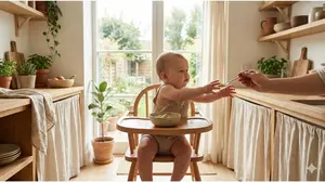 Baby sitting upright in high chair reaching for food, demonstrating developmental readiness for solids like head control and loss of tongue-thrust reflex.