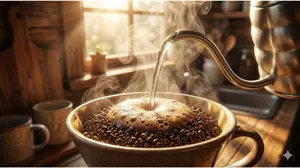 Close up of boiling water hitting fresh dark roast organic coffee grounds, blooming