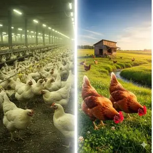 Organic chicken vs. conventional chicken: Split view showing crowded conventional farm versus sunny, spacious organic pasture.