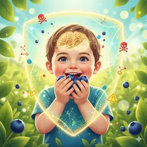 Child’s brain protected by a shield, symbolizing the organic food benefits for children against environmental toxins for cognitive health.