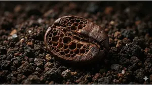 cracked organic coffee bean showing dense structure free of mold