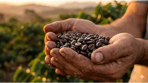 Close up of roasted coffee beans in a farmer's dirty hands, checking for density.