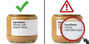 Comparison of safe organic stevia peanut butter label versus toxic xylitol birch sugar label for dogs.