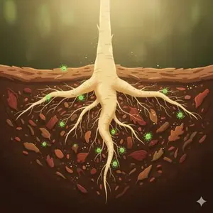 Microbes breaking down organic plant food in soil, illustrating microbe-mediated nutrition and improved soil health.