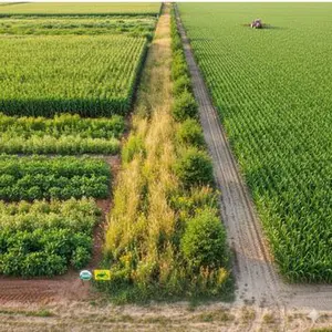 Organic farm buffer zone protecting crops from contamination, a key practice to prevent GMOs in organic food.
