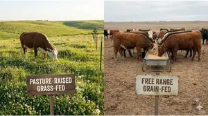 Comparison of lush green pasture for grass fed cattle versus dry dirt lot for free range cattle.