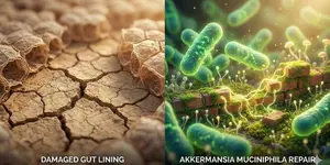 Illustration comparing a damaged leaky gut to a healthy microbiome nourished by monk fruit benefits.