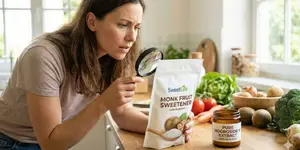 Woman reading ingredient label on monk fruit sweetener bag to check for erythritol and ensure is monk fruit safe.