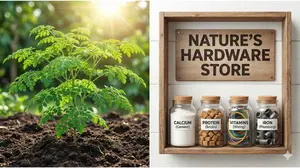 Moringa benefits explained as a nutritional hardware store with protein bricks and calcium cement.
