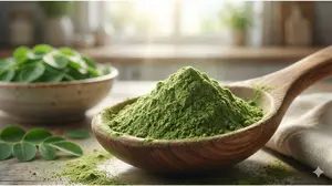Vibrant emerald green moringa powder on a spoon showing high quality shade-dried texture.