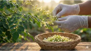 Close-up of harvesting fresh creamy-white Moringa oleifera flower buds into a wicker basket.