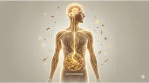 Human gut-brain axis illustration showing microbiome connection to mental health and anxiety risks from glyphosate exposure.