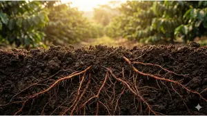 Organic coffee tree roots in soil showing deep root system uptake.