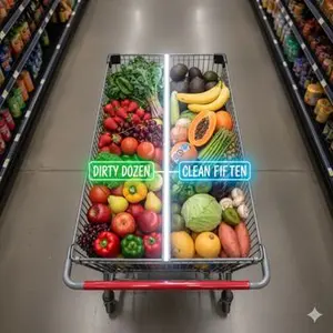 Strategic shopping cart showing the difference between Organic Food vs Non-Organic Food choices.