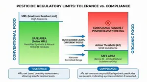 Diagram comparing pesticide regulatory limits for Conventional vs. Organic food. Conventional food is shown with a high Maximum Residue Limit (MRL) allowing wide tolerance, while Organic food has a very low Action Threshold (AT) indicating near-zero tolerance for prohibited synthetics.