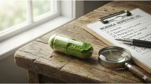 Rosabella Moringa Capsules review checklist and magnifying glass inspection for safety.