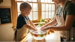 A parent and child washing apples in a baking soda solution to remove toxins in food.