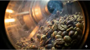 Close up of coffee beans turning dark brown in a roasting drum, smoke wisps visible.