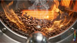 Roasted coffee beans tumbling in a hot drum roaster showing thermal degradation of toxins.