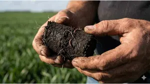 Farmer holding a soil core sample showing dark organic matter