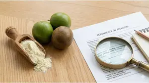 Off-white monk fruit powder vs white erythritol filler with Certificate of Analysis document.