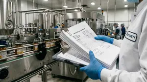 Split screen showing farm hands and an industrial food factory.