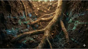 Deep coffee tree roots in soil showing the concept of soil legacy and glyphosate residues.