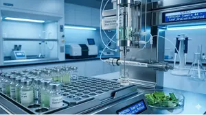 High-performance liquid chromatography equipment analyzing agricultural samples for pesticide residues.