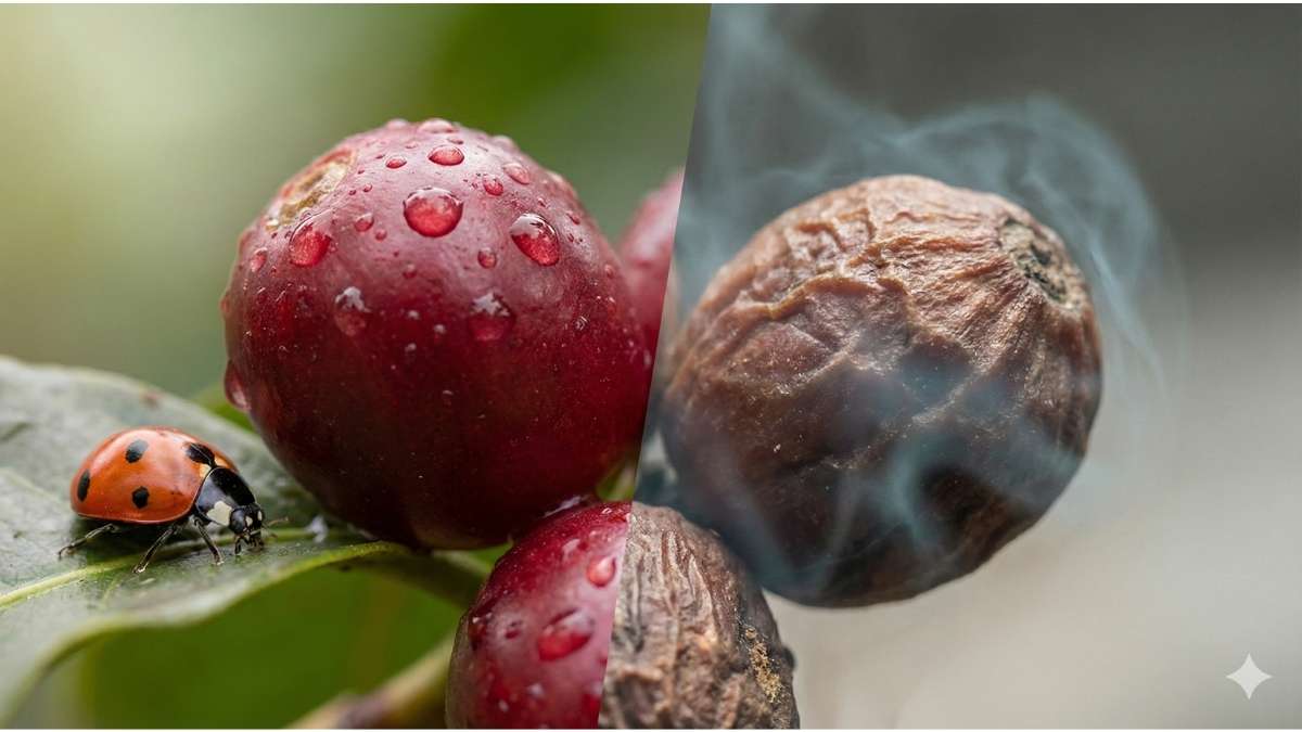 Organic coffee cherry vs conventional chemical cherry comparison