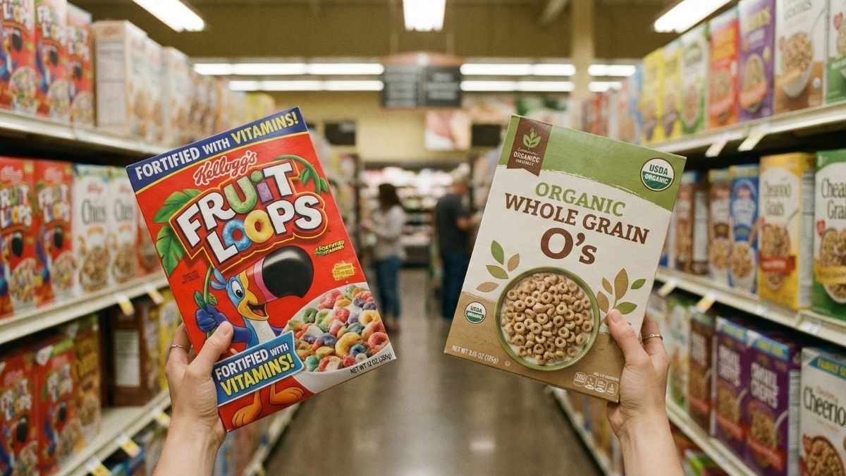 Hands holding a box of organic food cereal with the green USDA seal and a brightly colored fortified cereal box, symbolizing the common grocery aisle dilemma.