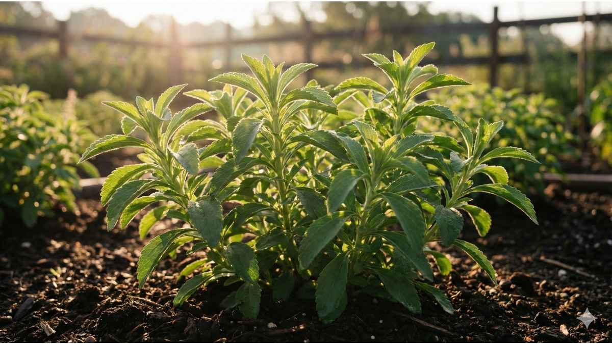 A high-fidelity wide shot of a vibrant green Stevia rebaudiana plant in organic soil, providing a visual guide on is stevia safe when used in its natural, unprocessed leaf form.