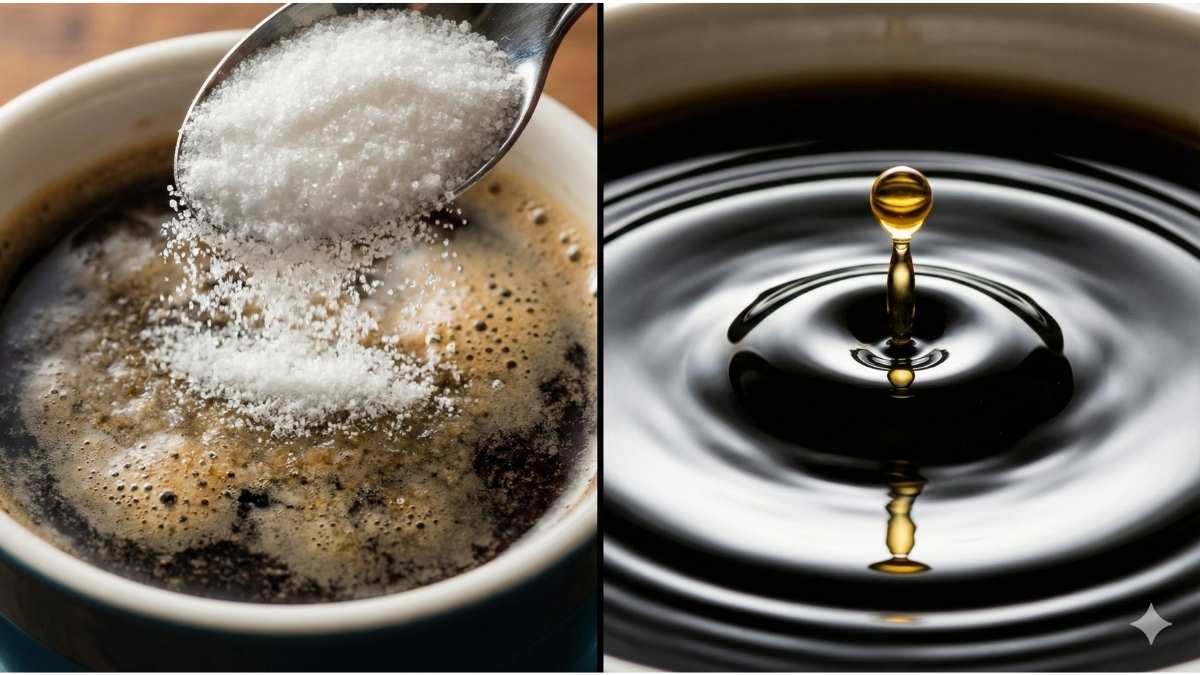 Comparison of gritty erythritol powder versus pure liquid monk fruit sweetener dissolving in coffee. Comparison of gritty erythritol powder versus pure liquid monk fruit sweetener dissolving in coffee.