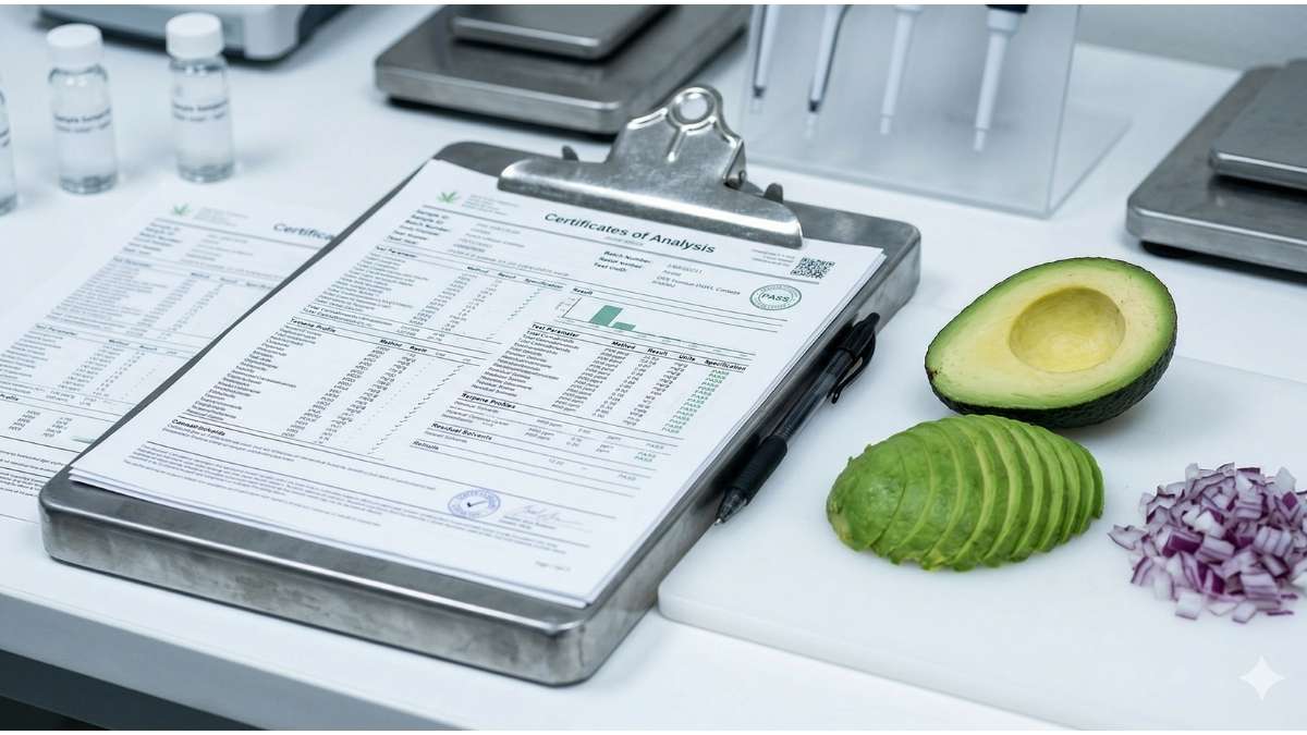 Lab clipboard with Certificate of Analysis next to avocado and onion