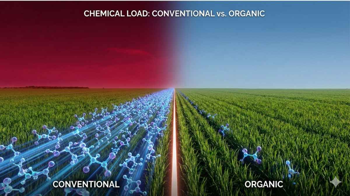 Scientific Visualization: Comparing high chemical exposure in conventional agriculture versus drastically lower pesticide load in organic farming.