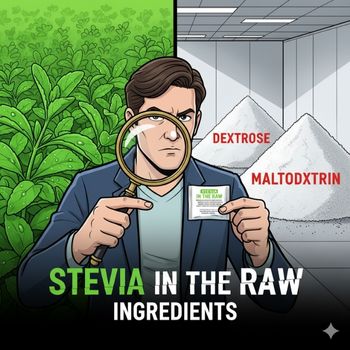 Skeptical consumer examining stevia in the raw ingredients for Dextrose and Maltodextrin fillers.
