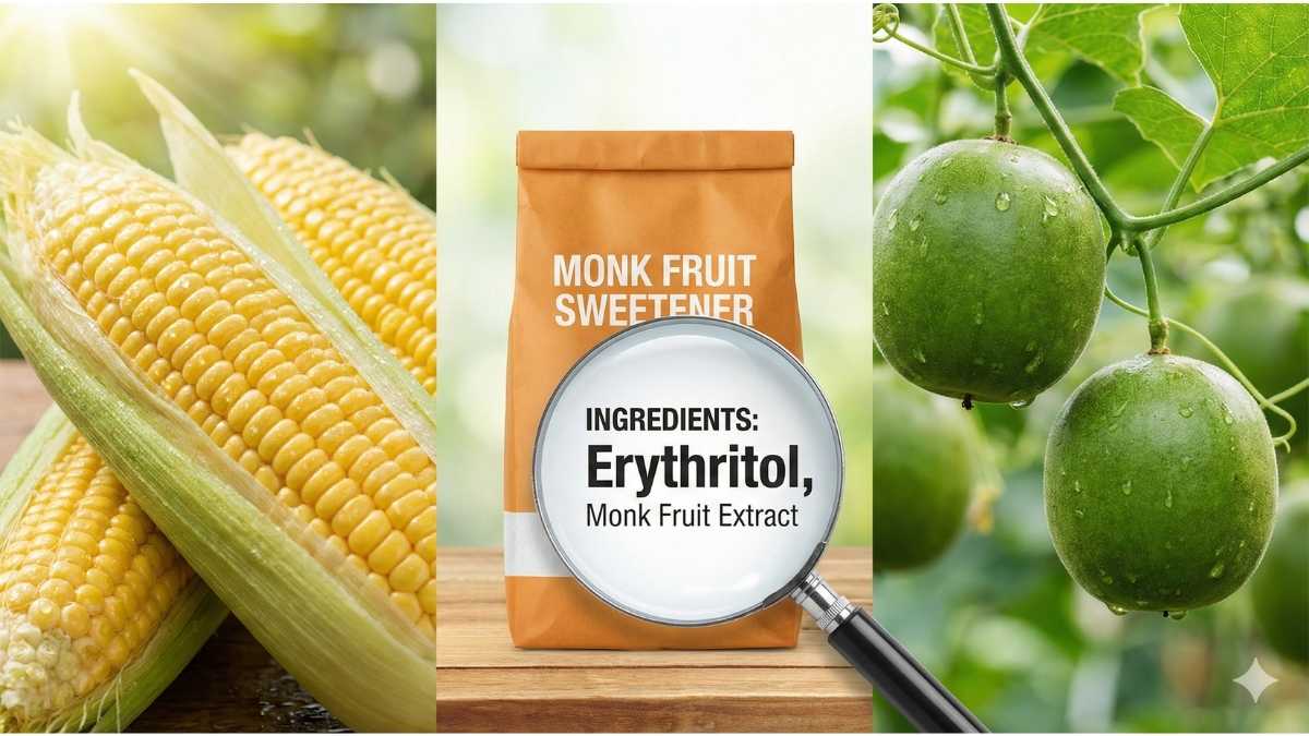 Comparison of corn and monk fruit ingredients in Lakanto Monk Fruit Sweetener showing erythritol content. Comparison of corn and monk fruit ingredients in Lakanto Monk Fruit Sweetener showing erythritol content.