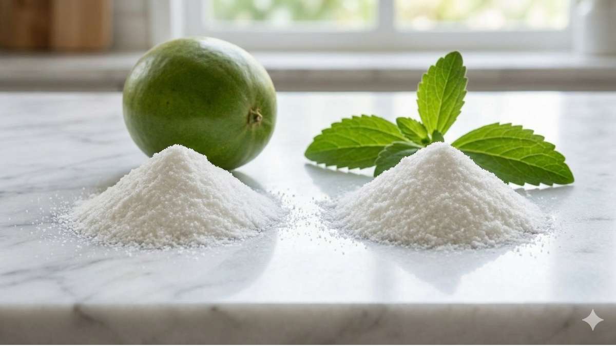 Monk fruit sweetener white powder compared to stevia white powder showing they look identical.