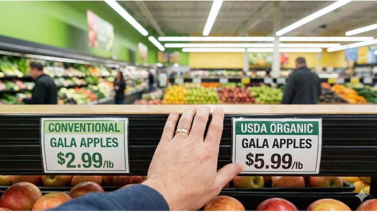A shopper's hand hovering between a conventional produce price tag and a higher organic food price tag, illustrating the conflict: Is organic food worth it?