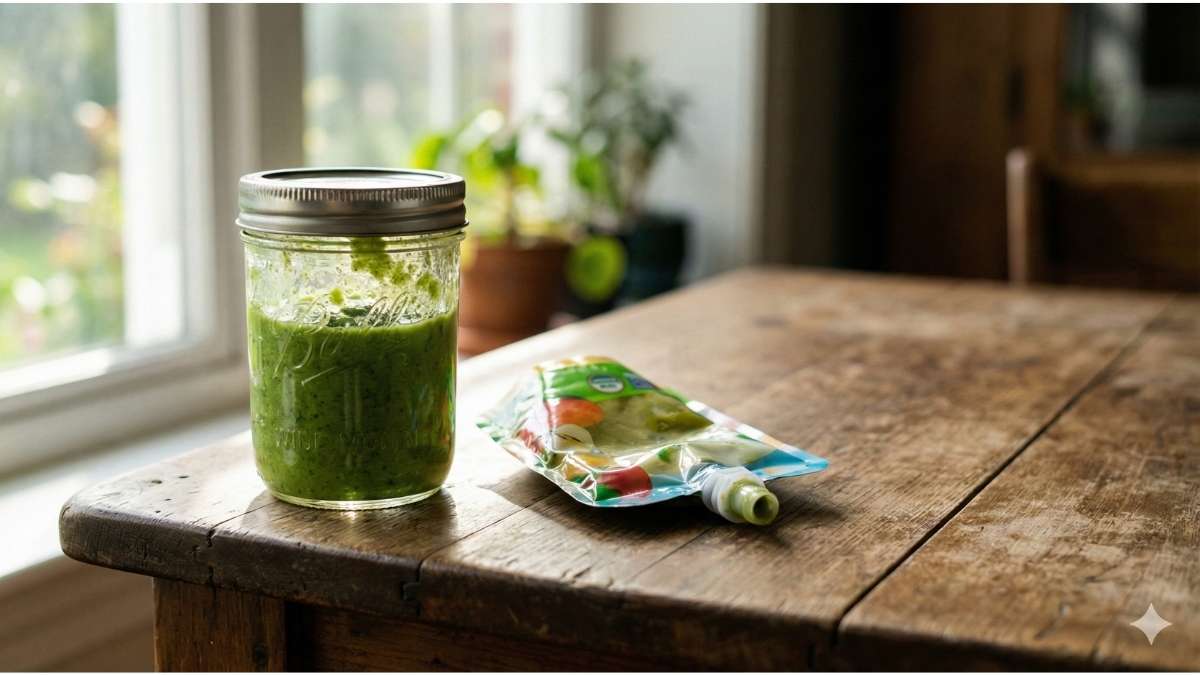 Comparison of organic baby food pouches vs glass jars on a rustic table to illustrate safety choices.