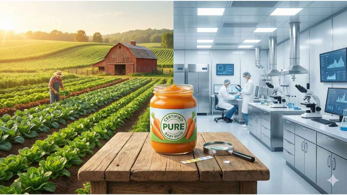 Serenity Kids baby food purity testing concept showing farm-to-lab safety verification for heavy metals and contaminants.