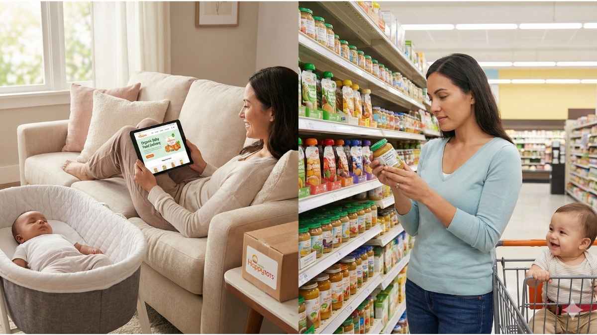 Parent comparing online organic baby food delivery vs in-store shopping options.